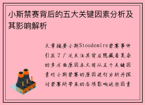 小斯禁赛背后的五大关键因素分析及其影响解析 小斯禁赛背后的五大关键因素分析及其影响解析